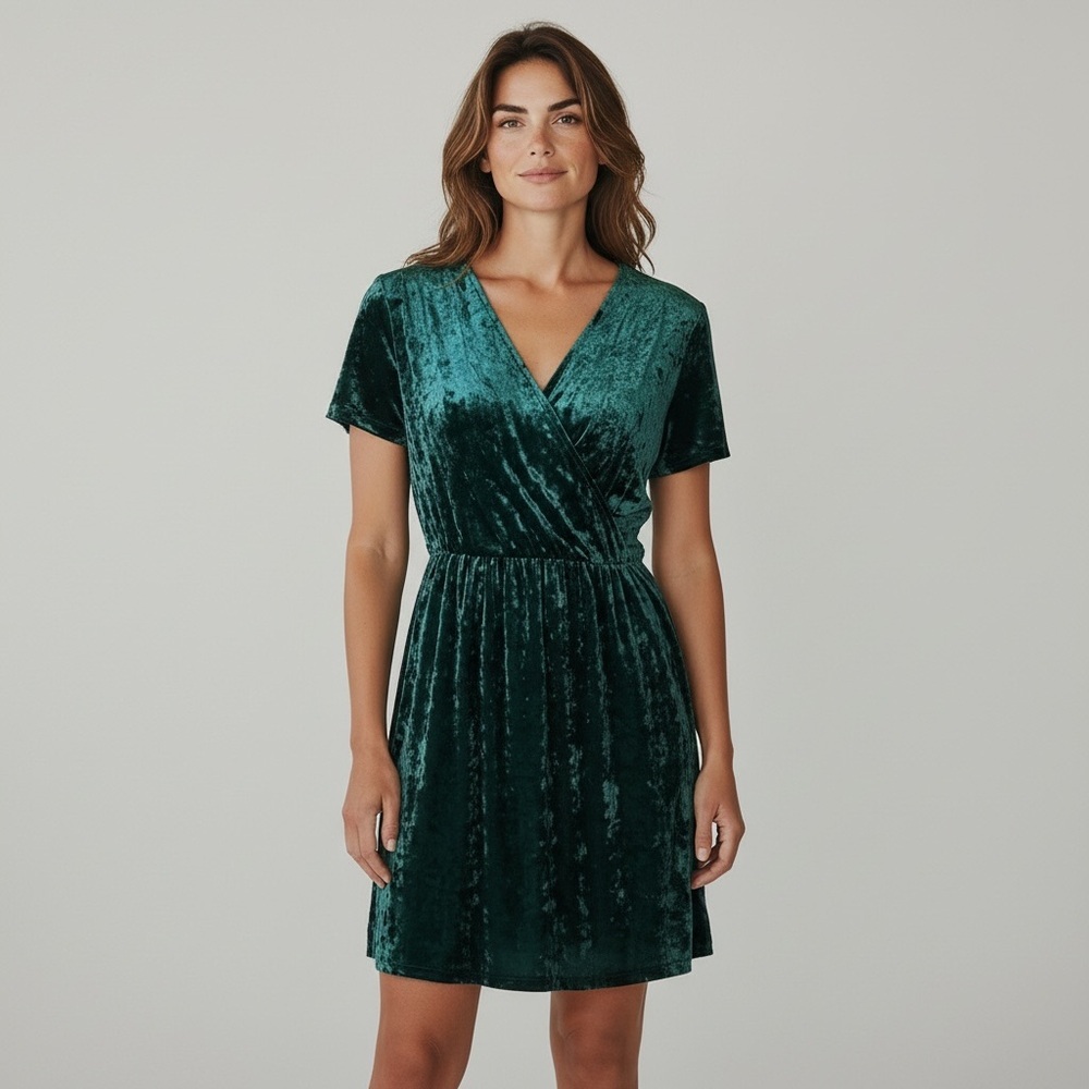 Boutique Women’s Green Crushed Velvet Faux Wrap Dress Short Sleeve Small‎